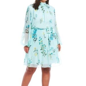Alex Marie Teal Floral Print Long Puffed Sleeve Mock Neck Pleated Hem Dress, 16